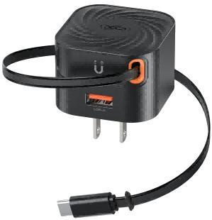 L165(US) 20W Fast Charger with Retractable Cable(1USB-A+1TYPE-C Cable) Black