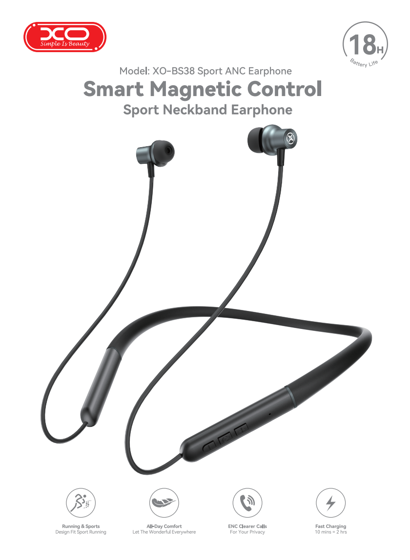 BS38 Sports ANC/ENC Neckband Headphones (Magnetic On/Off Switch, Metal Finish, IPX4) Black