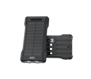 PR290 Solar Power Bank with Four Built-in Cables (USB-A, Type-C, Micro, Lightning) 10000mAh Black
